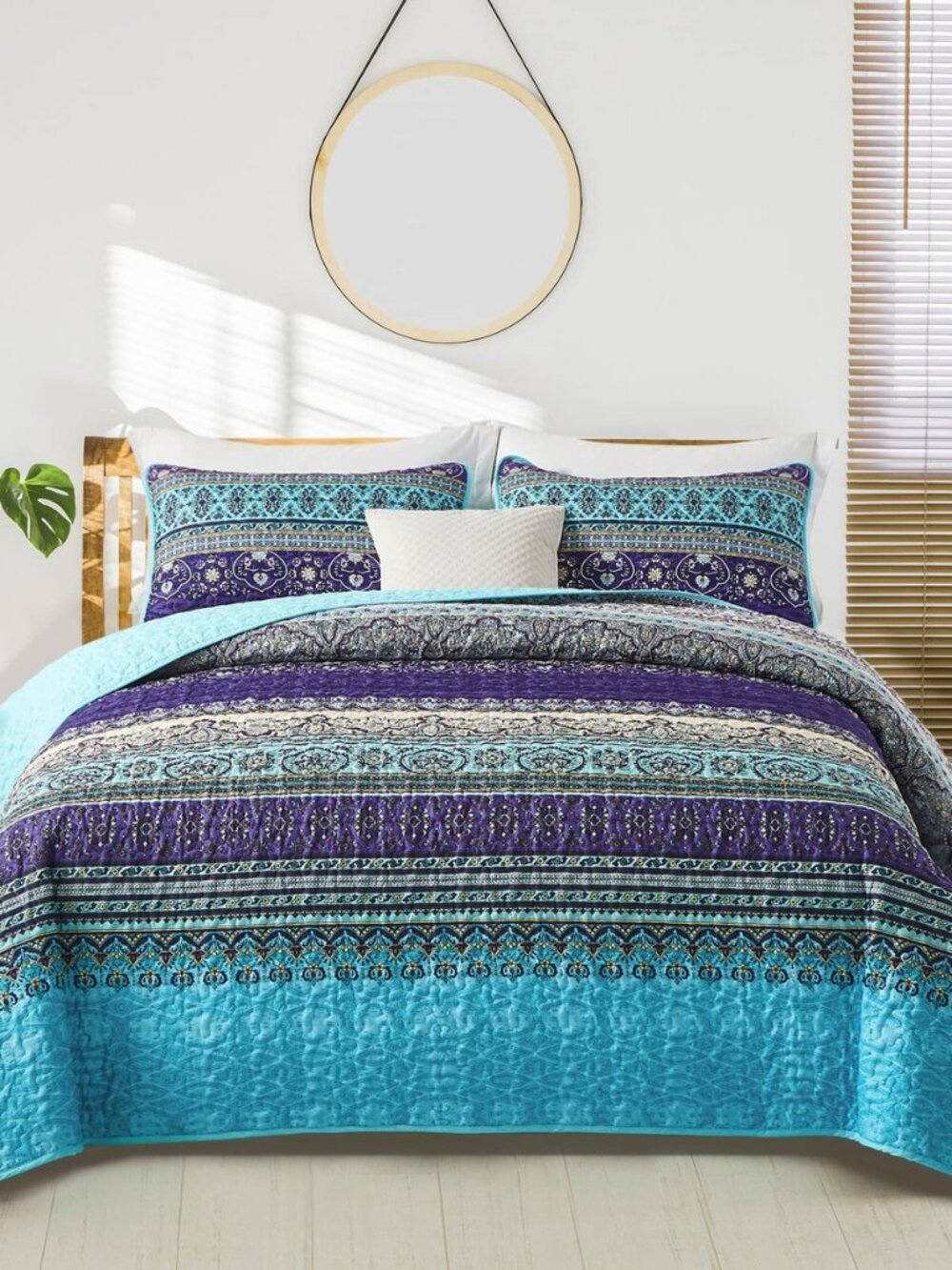 Boho Quilts Queen Size, 3 Pieces Bedspread Bedding Set, Blue